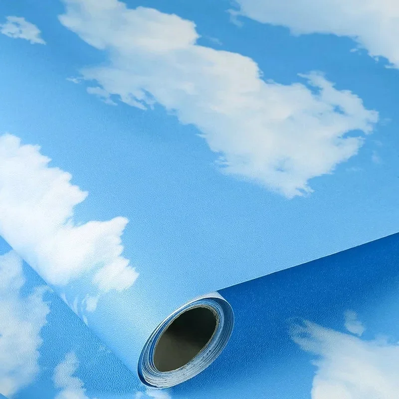 Etiquetas removíveis impermeáveis autoadesivas, céu azul e nuvens brancas padrão, papel do contato do PVC para o quarto das crianças