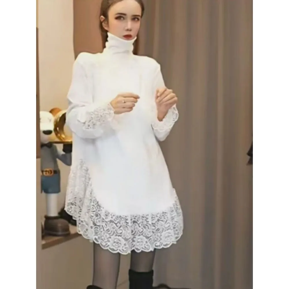 Fashionable High-neck Long-sleeved Solid Color T-shirt for Women in Autumn and Winter New Style Lace Irregular Splicing Top