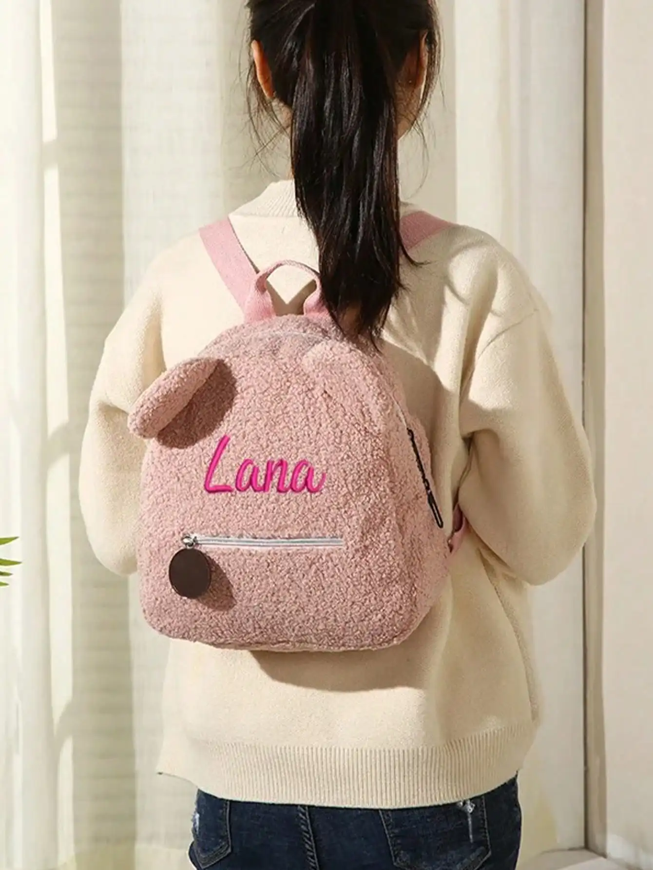 Cute Customized Embroidered Name Plush Bear Backpack Fluffy Sherpa Mini School Bag for DIY Girls Kids Children Travel Gift Bag view 2