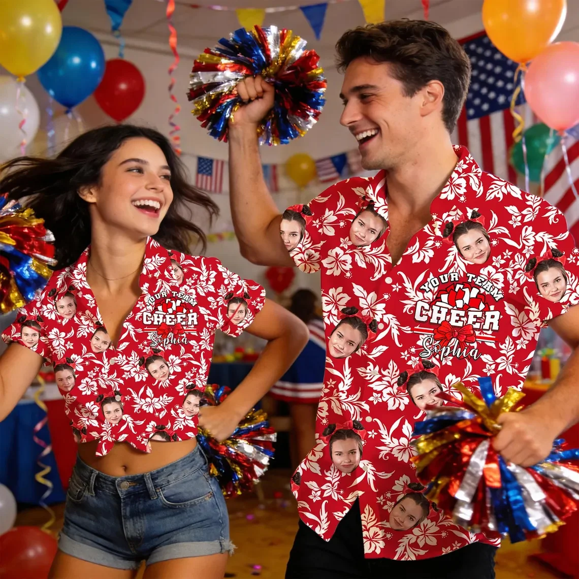 

Hot Custom Cheerleading Face Hawaiian Shirt Personalized Photo Men Women Hawaii Shirts,Cheer Team Matching Shirts DIY Photo