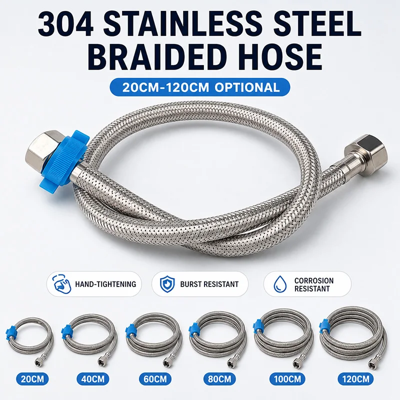 304 Stainless Steel Braided Water Inlet Hose Flexible Connector with Safety Wrench for Toilet Faucet Water Heater 20cm-120cm Kit