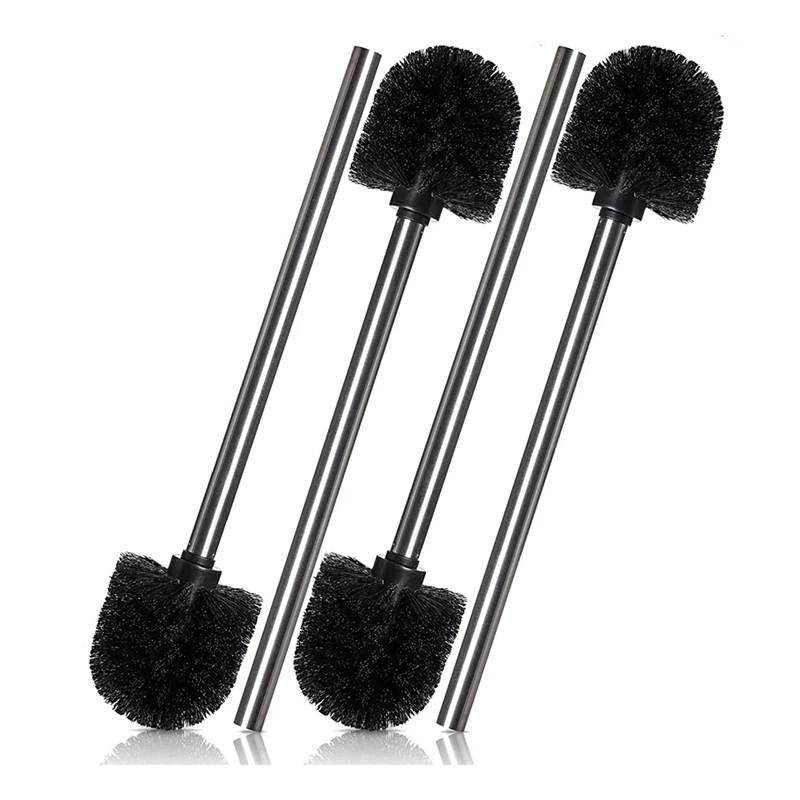 Set Of 4 Stainless Steel Toilet Brush Stainless Steel Handle With Interchangeable Head, Black