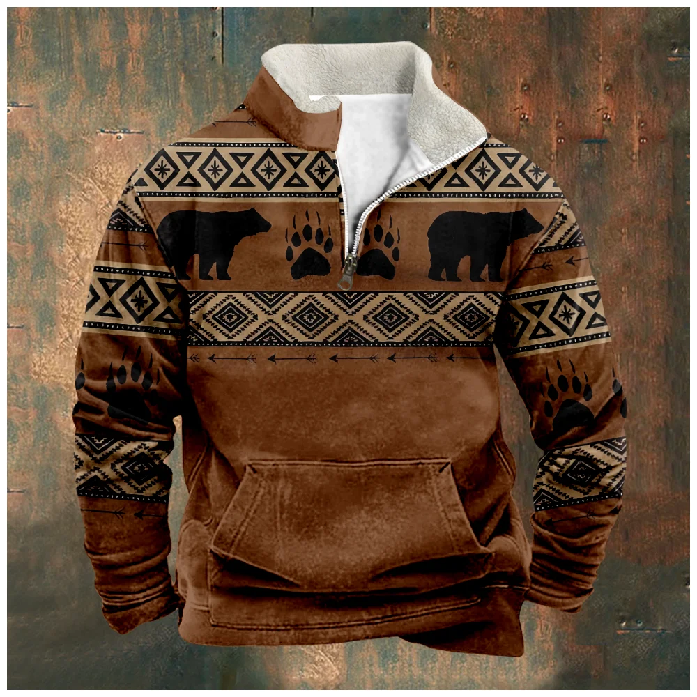 

Autumn Men Pullover Sweatshirts Zip Up Fleeced Long Sleeve Hoodies Vintage Bear Ethnic Tribal Graphics Oversized Tops