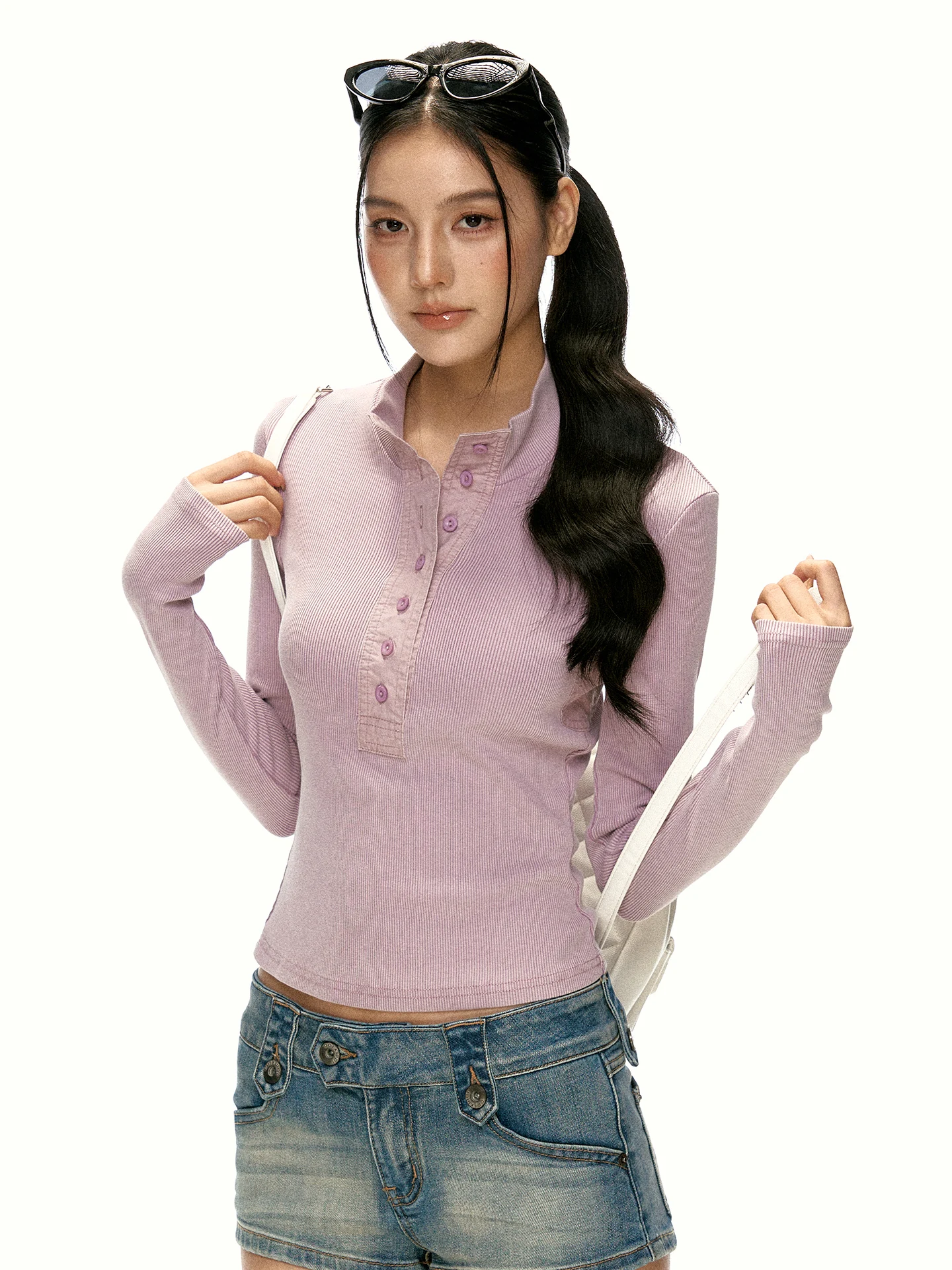 Aaisup Pink Button Decorated Stand Collar Long Sleeve Slim Fit Base Layer Top for Women Casual Style Autumn New Arrival