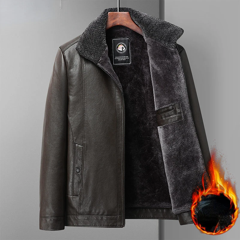 

Autumn Winter Fur Leather Jacket Men Fleece Lined Warm Fluffy Bomber Motorcycle Jacket PU Leather Coat Zipper Men Clothing New