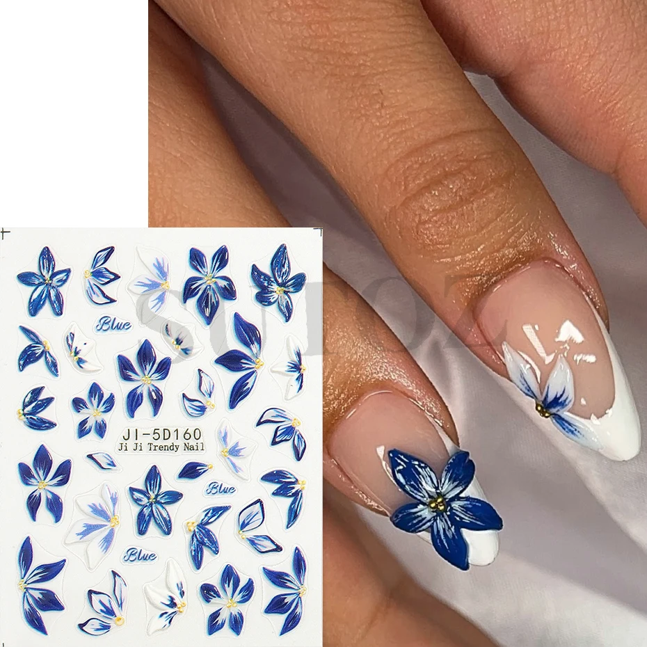 5d relevo azul lírio flor unhas adesivos em relevo flores de gelo rosa floral gradiente primavera verão manicure decalques de unhas # JI-5D160