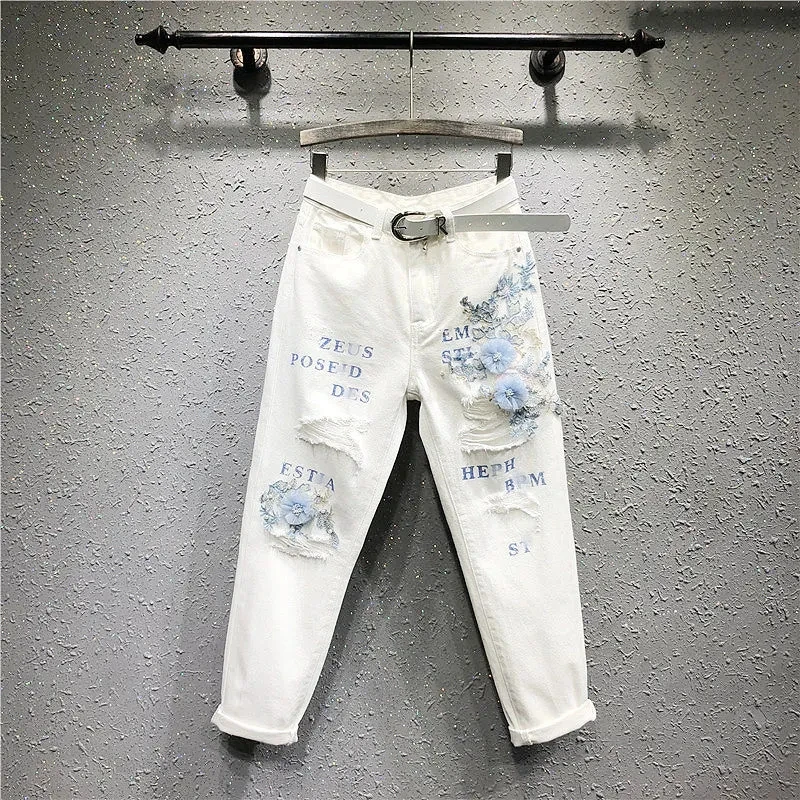 

White Jeans Women's Spring Summer 2023 New Loose Embroidered Printed letters Jeans Ladies Fashion Casual Ankle-Length Jeans