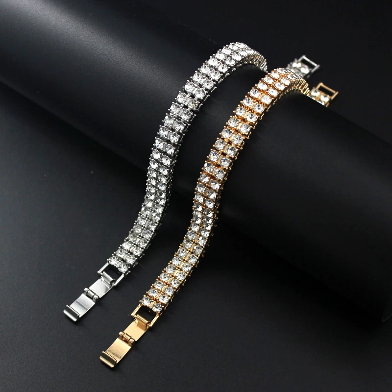 2 Row Tennis Bracelet Iced Out Bling Rhinestone Bracelets Silver Gold Plated Wrist Chain Hip Hop Jewelry For Men Women Gifts