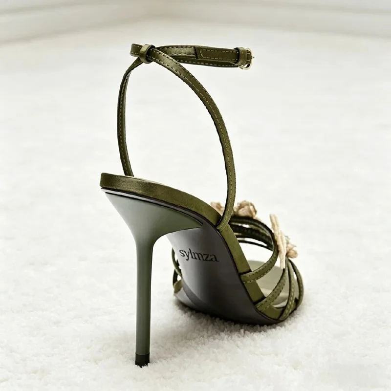 Elegant Butterfly Detail High-heeled Sandals Women 2026 Stylish Green Satin Ankle Strap Stiletto Heels Sexy Party Dress Shoes image 5