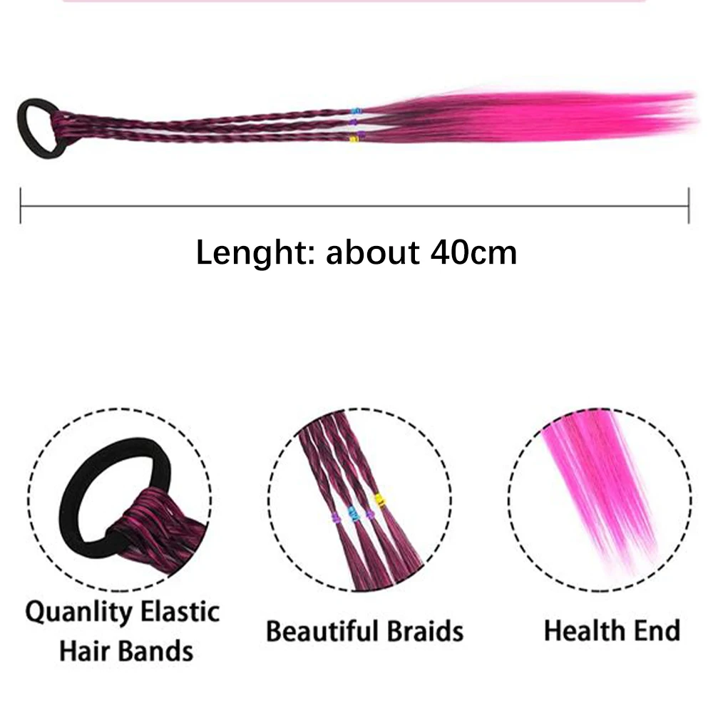 Extensiones de Cabello sintético para niñas, trenzas coloridas con bandas de goma, coletas trenzadas de arcoíris, accesorios para el cabello