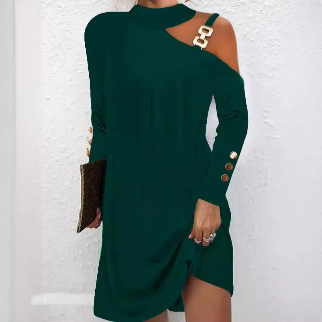 여성용 긴 소매 드레스 2025 가을 겨울 캐주얼 보헤미안 미디 파티 롱 드레스 가을 홀터넥 미디 드레스 메탈 버튼 포함