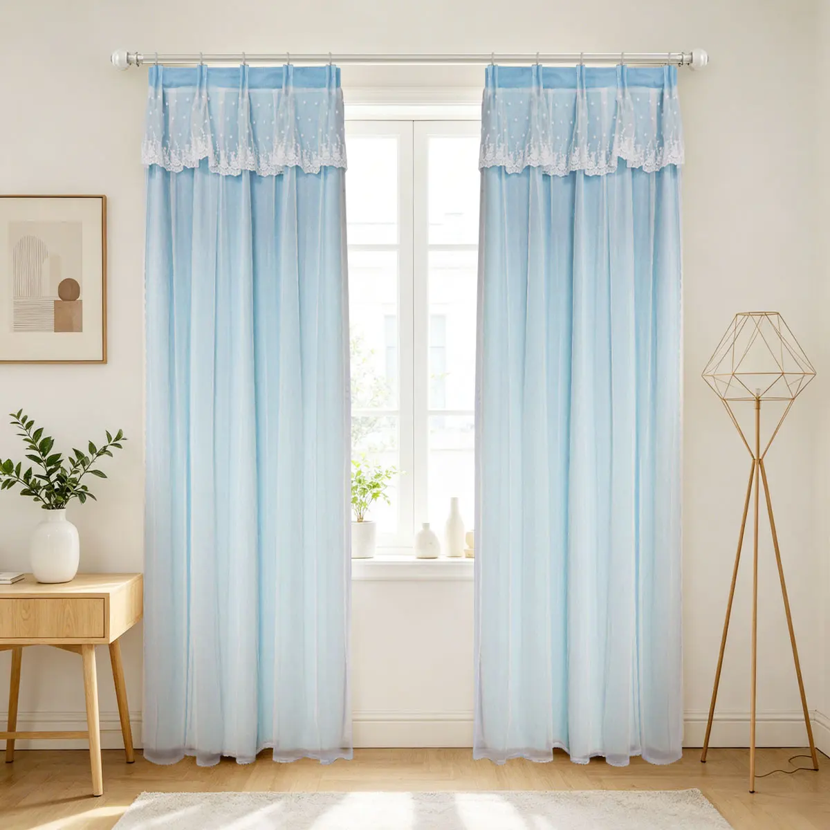 Light Blue Double Layer Lace Valance Curtain Star Embroidery Light Filtering Drapes 4 Prong Hook for Bedroom Living Room 2pcs