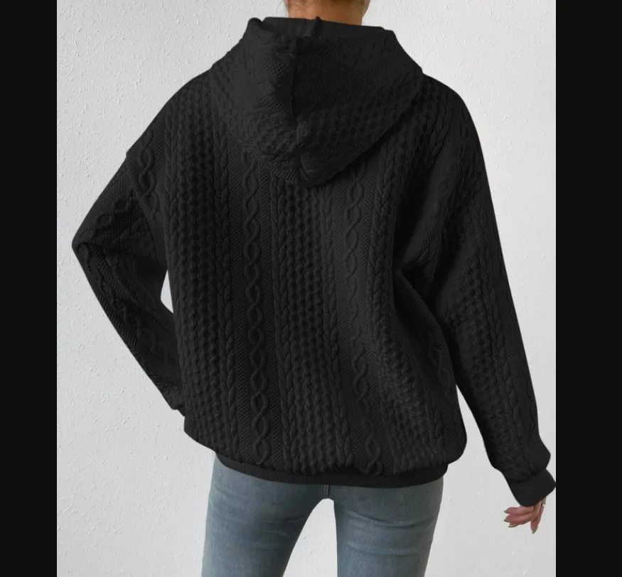 Women's Oversized Medium Weight Long Sleeve Solid Color Hoodie with Drawstring Casual Mid-Length Jacquard Women's Sweatshirt