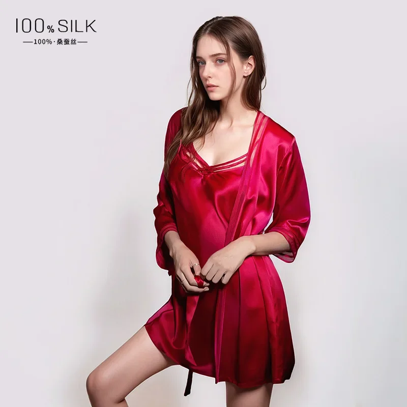 

19MM 100% Mulberry Silk Robe Gown Kimono 2pcs Set Sexy Sleepwear Lace Up Womens Bathrobe Sling Nightdress Lingerie Sleepwear PJS