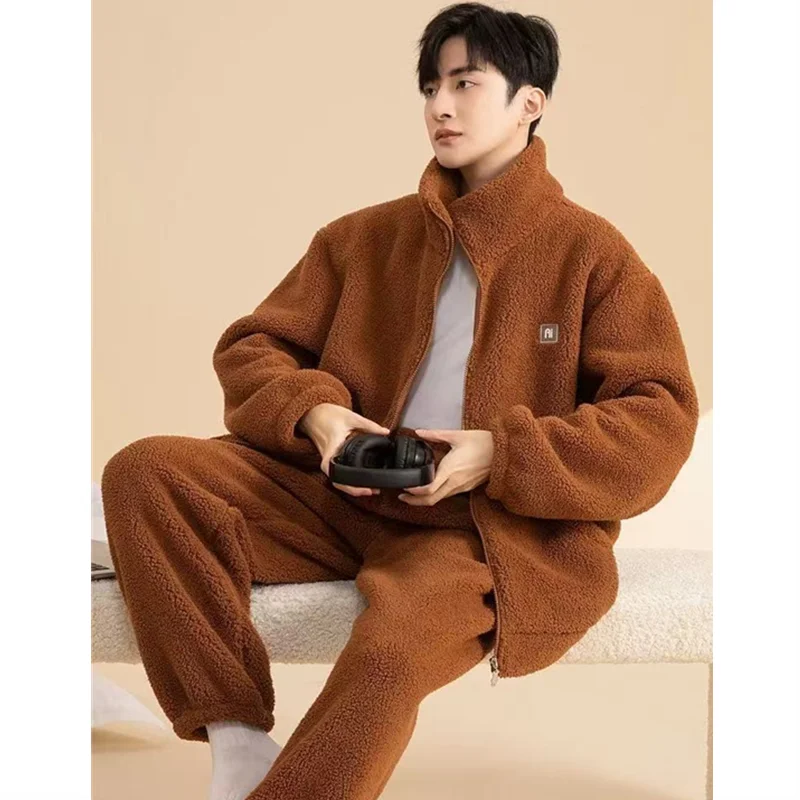 الشتاء الرجال منامة المرجان الصوف مريحة عارضة داخلي المنزل ارتداء سميكة سستة الحرارية سترة منامة 2 قطعة مجموعات