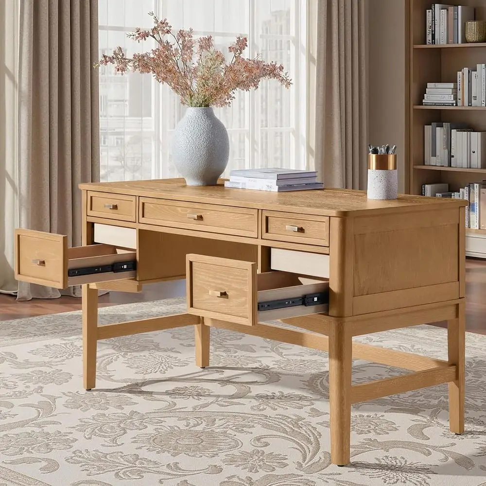 

56 Oak Executive Office Desk with 5 Drawers and Concealed Component Drawer