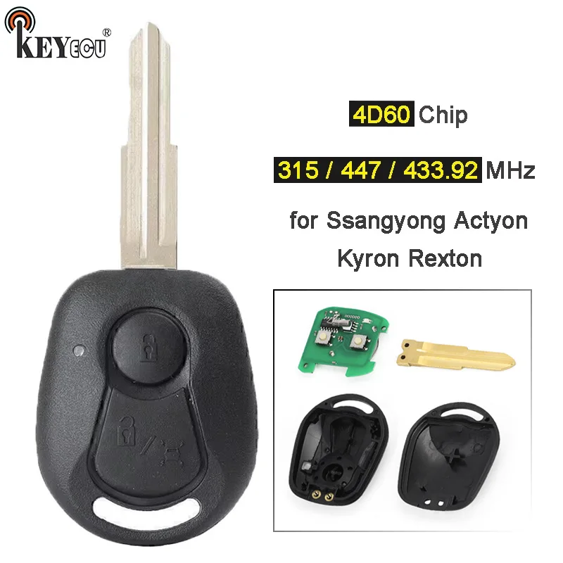 Keyecu-リモートカーキーフォブ、交換チップ、2ボタン、315mhz、447 mhz、433.92mhz、4d60、ssangyong actyon、kyron、rexton