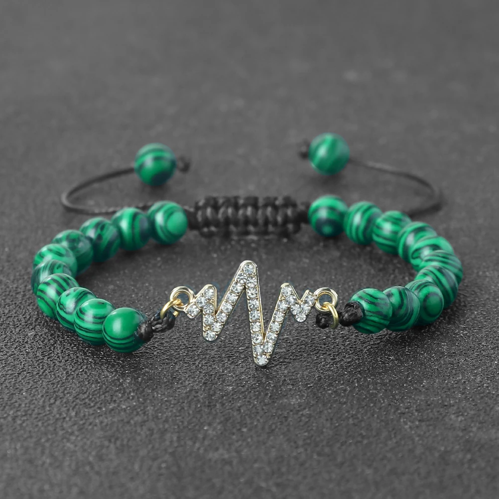 Natural Stone Beads Bracelet Fashion Malachite Lava Bangle Adjustable Electrocardiogram Pendant Wristband Jewelry Women Men Gift