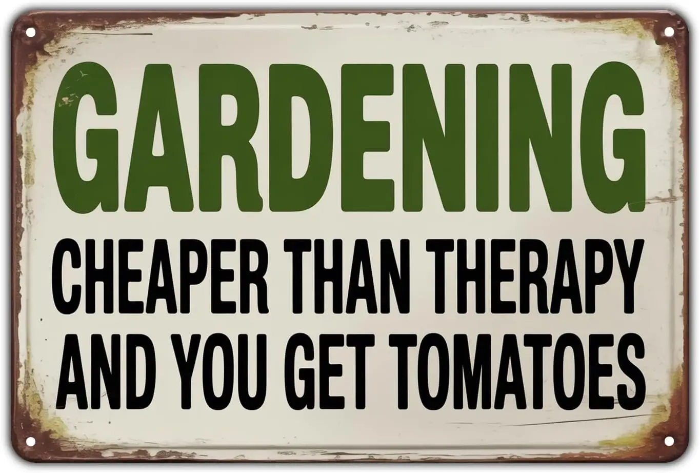 Vintage Metal Signs Gardening Therapy Metal Wall Decor, Rustic Rectangular Sign,  , White and Green, Wall Mount--Tin Sign