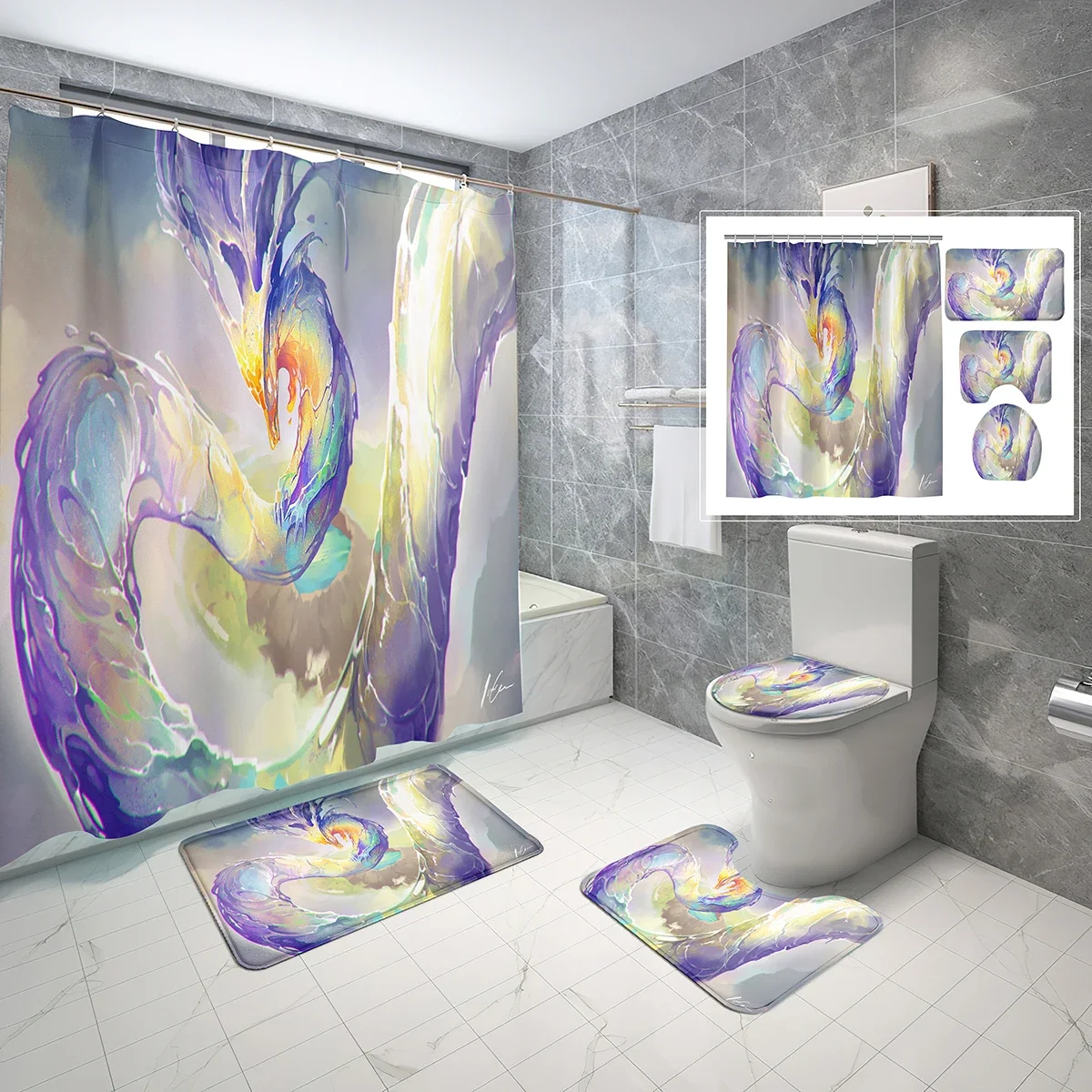 4 PCS Magical Creature Shower Curtain Sets,Fantasy Creature Bathroom Waterproof Bath Curtain,Non-Slip Bath Mat Toilet Cover Set