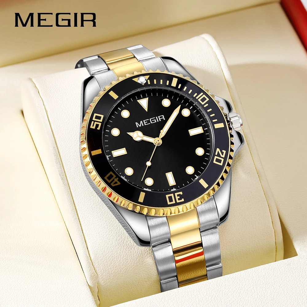 MEGIR ساعة كوارتز رجال العلامة التجارية الفاخرة الفولاذ المقاوم للصدأ تاريخ الساعات مقاوم للماء مضيئة رجل الأعمال ساعات المعصم ساعة Reloj