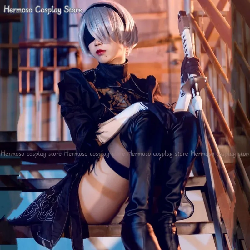 Nier Automata Cosplay Costume Women Girls Yorha 2B Dark Gothic Outfit Wig Disguise Costume Plus Size Fancy Party Black Dress