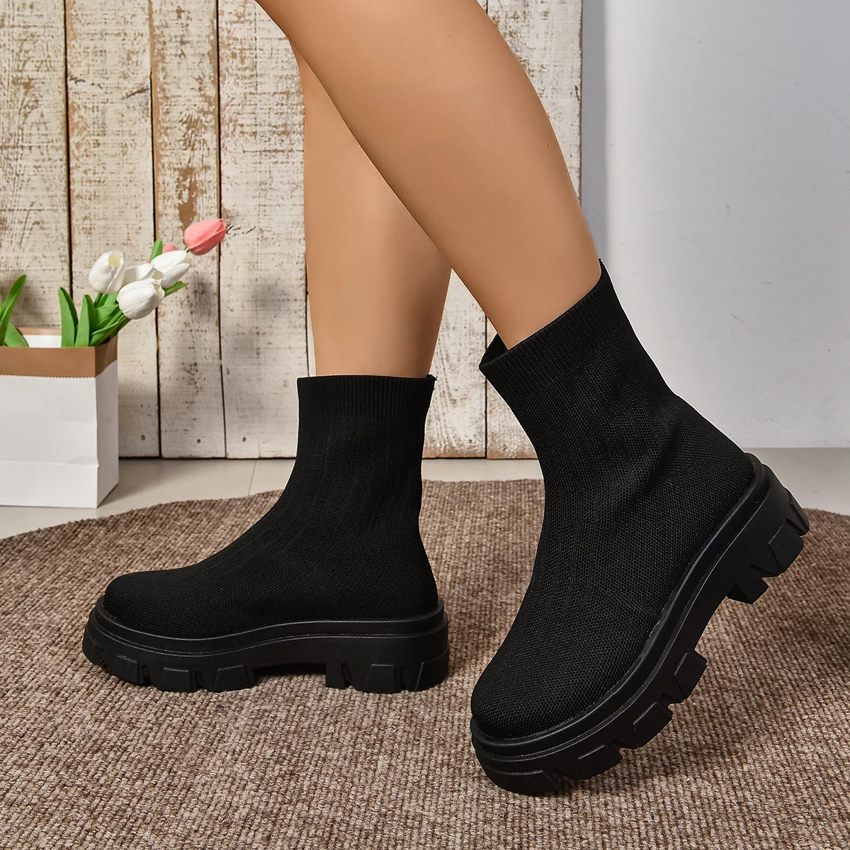 Frauen Stiefel Neue Dicke Sohle Gestrickte Lange Socken Stiefel Frauen Mode Elastische Runde Kappe Low Heels Schuhe für Frauen Über Knie Stiefel