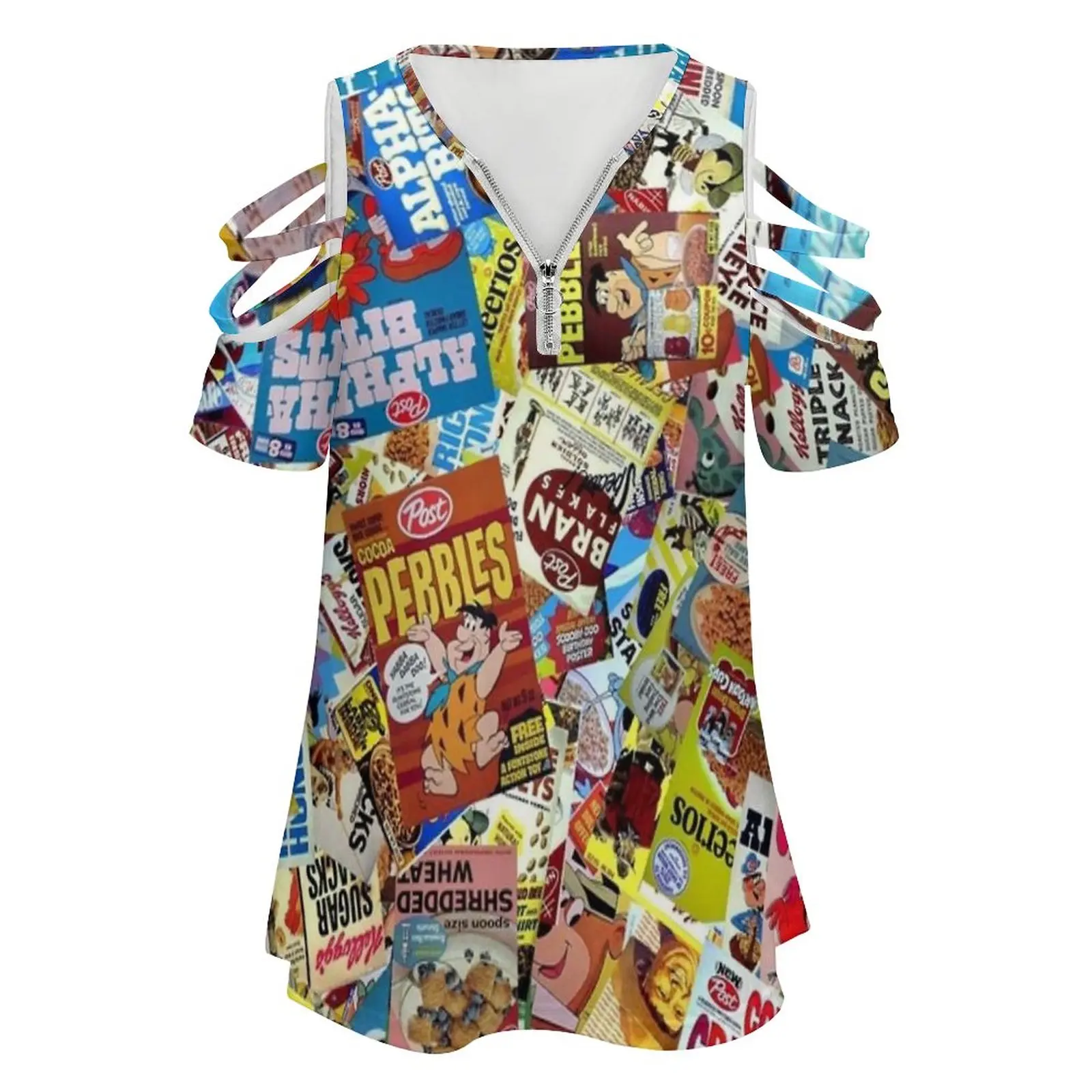 Cereal Box Collage Women Zipper Sexy Printed Vintage T Shirts Tops Full Print T-Shirt Cereal Box Breakfast Fortified