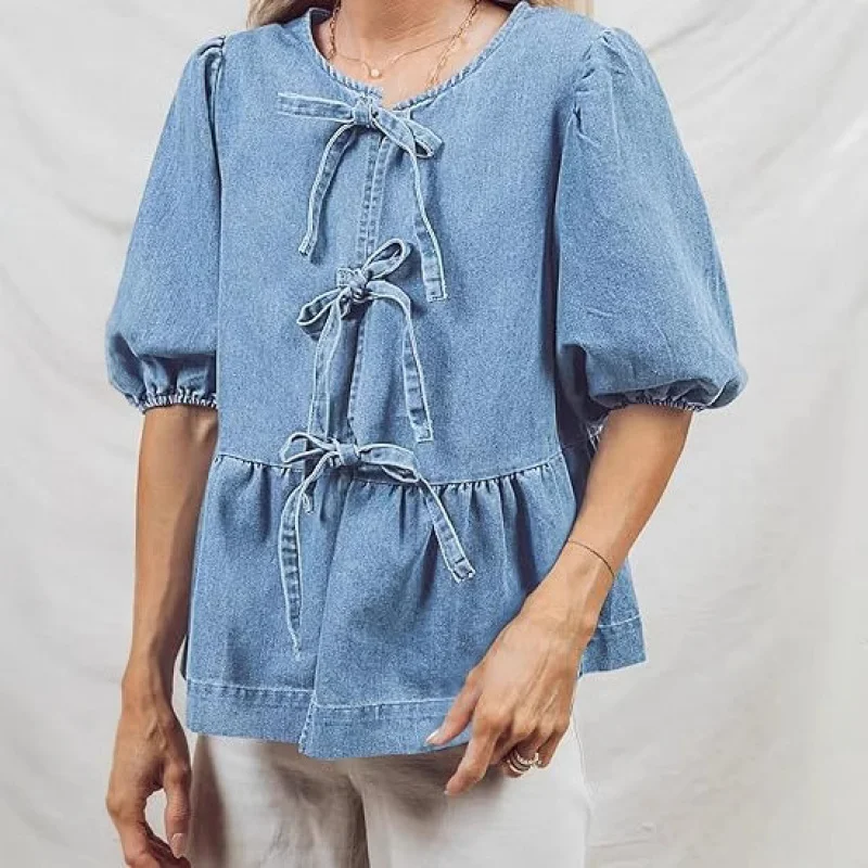 

Popular2025New Hot-Selling Cardigan with Tie Short Sleeve Shirt European and American Casual Round Neck Top