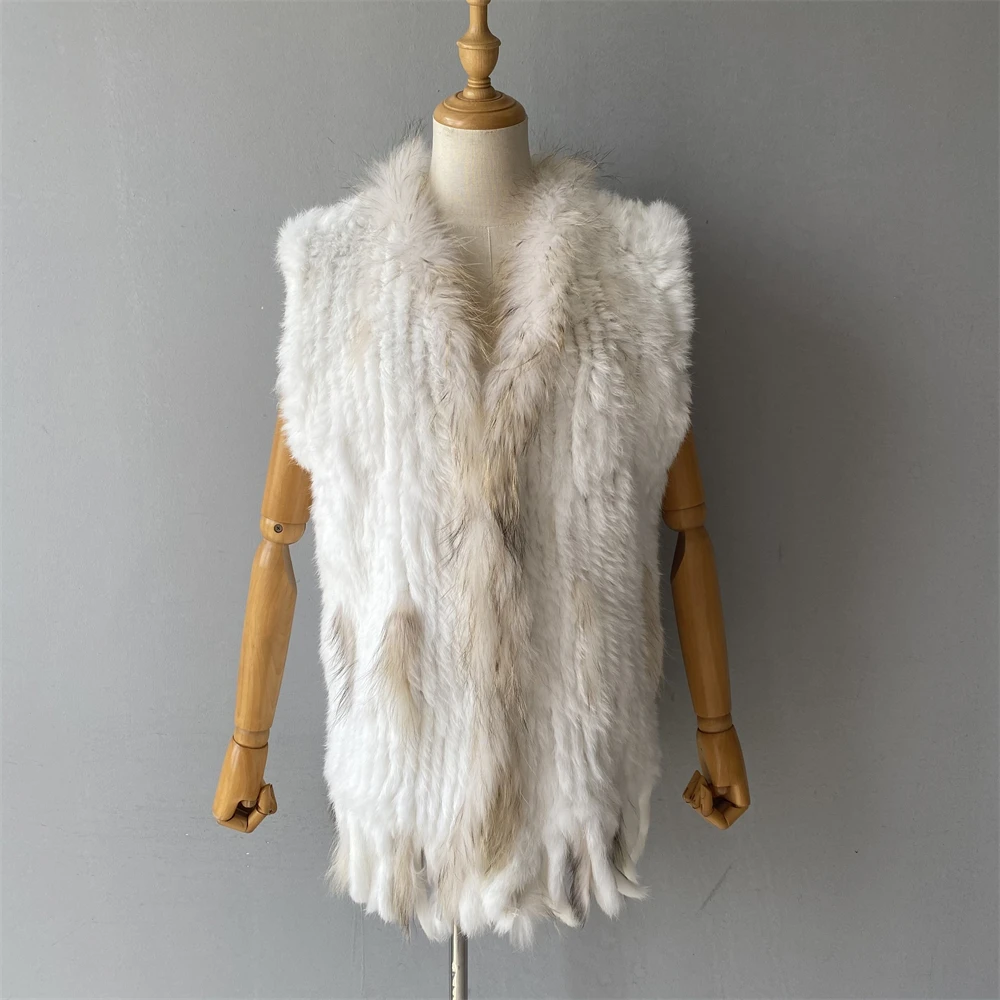 

Jaxmonoy Women's Rabbit Fur Vest Sleeveless Natural Fur Coat with Racoon Fur Trim Autumn Winter Fashion Fluffy Gilet New Arrival