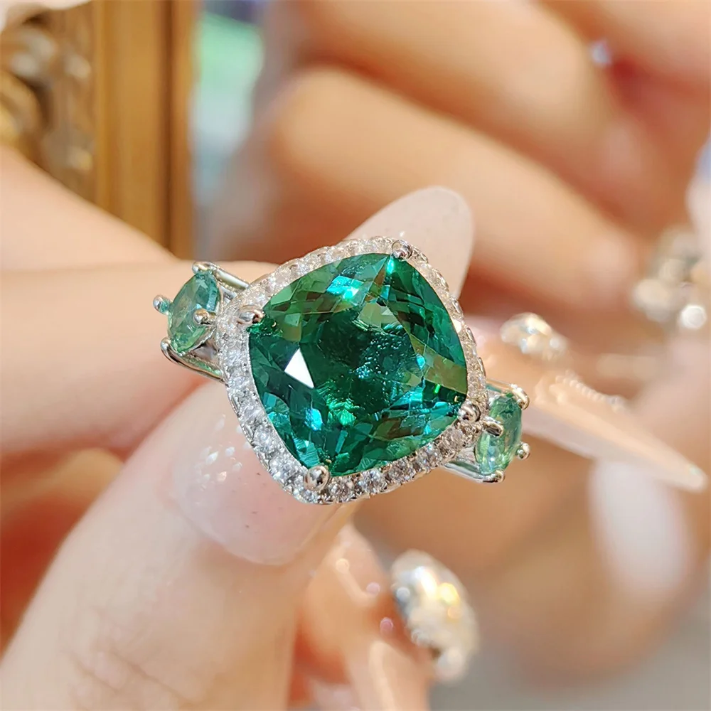 Big Square Stone Royal Blue Crystal Ring Green Zircon Engagement Rings For Women Vintage Silver Color Birthstone Wedding Jewelry