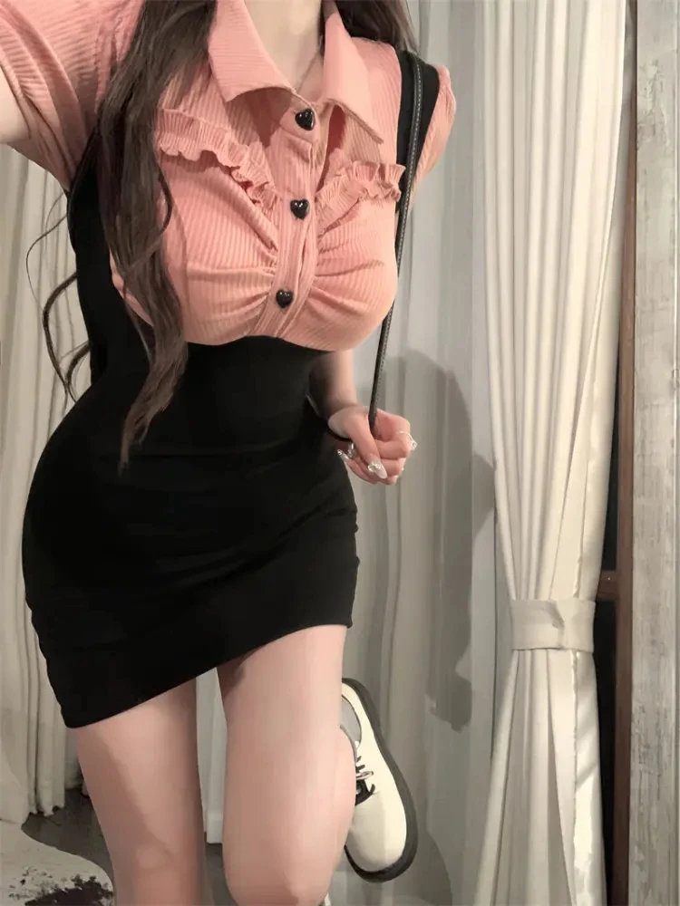 

Dresses Women Fake Two Pieces Slim Patchwork Sexy Fashion Streetwear Summer Holiday Cute Turn-down Collar Charming suitsuit