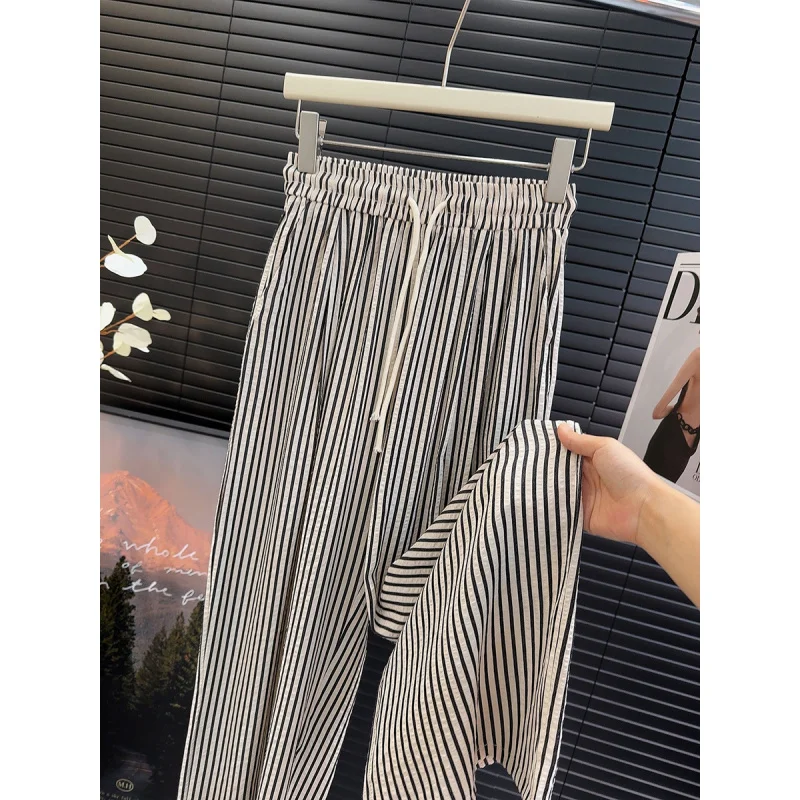 

Korean style lazy elastic waist striped casual pants 2025 summer new versatile thin straight long pants women