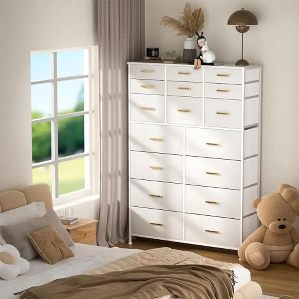 Tall 17 Drawers White Dresser Bedroom Chest of Drawers Faux Leather Front Metal Frame Modern Style Easy Assemble Stable Support