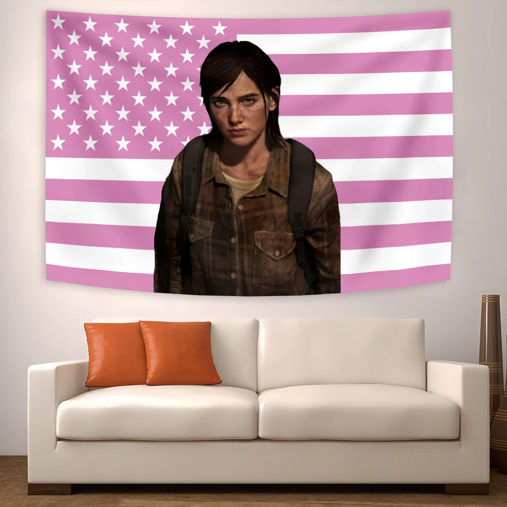 Ellie Manga Tapestry Pink American Flags Game Characters Art Wall Hanging Decor Banners Room Aesthetic Teen Girl Bedroom Dorm