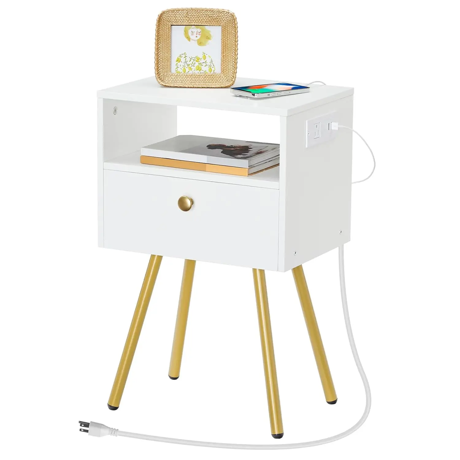 

Nightstand with Charging Station, Side Table with USB Ports and Outlet, End Table for Tight Spaces, Solid and Stable, for Office