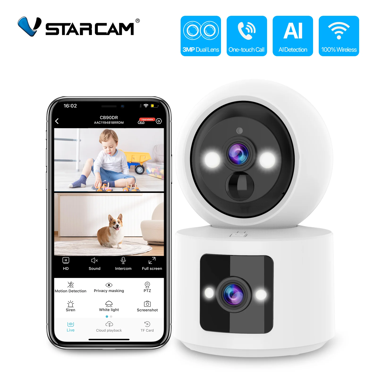 

Vstarcam CB90DR 3MP Indoor 2.4G WiFi Dual Lens Human Tracking One-touch Call Full Color&IR Night Vision Two Way Audio Wireless