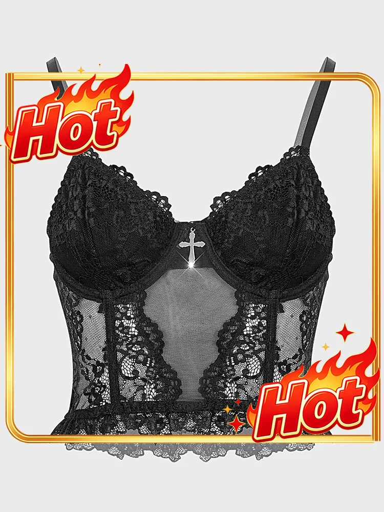 Women Sexy Lace Fishbone Steel Ring Lingerie Top Semi Transparent Worn Inside outside Women Sexy Tight Fitting Outfit