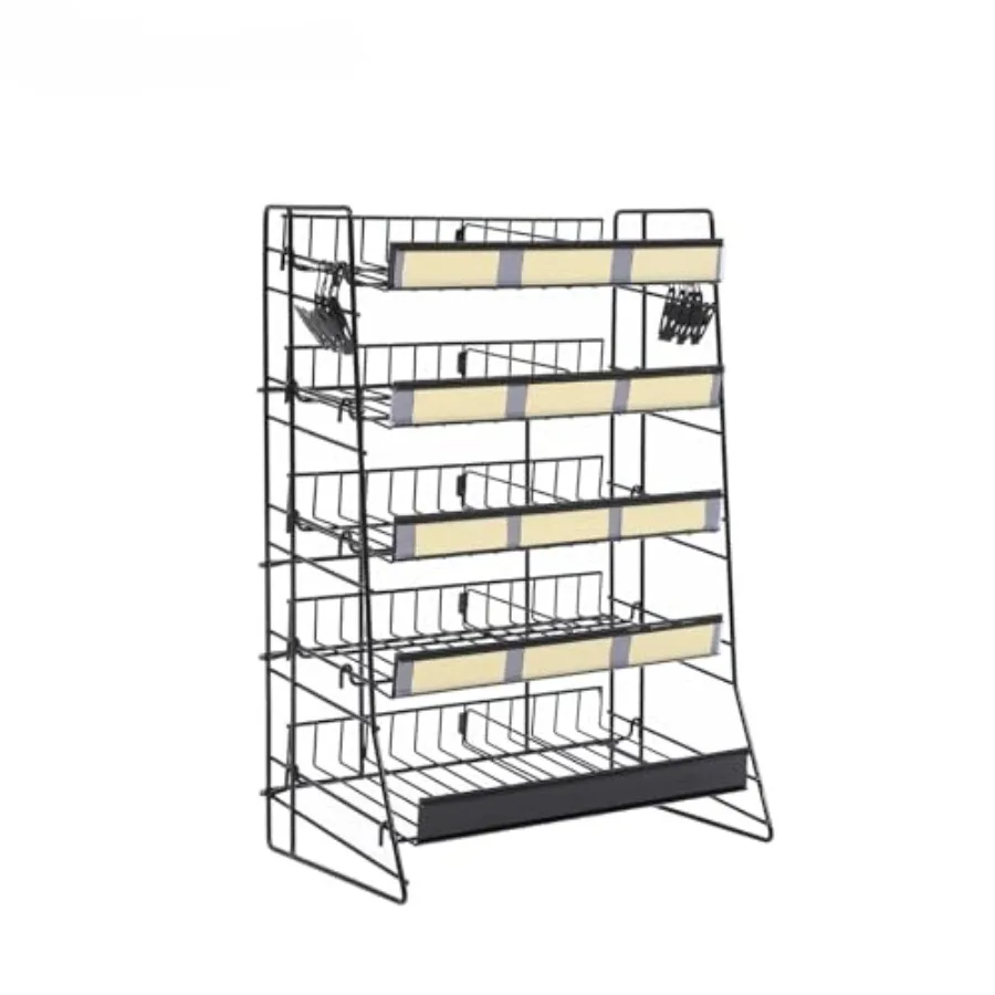 

5-уровневая стойка для выставки товаров для кинотеатра Полка для конфет Металлический каркас с сеткой 8 зажимов для чипов и этикетки для столешницы