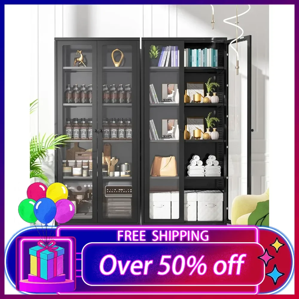 

Metal Storage Cabinet, Black Display Curio Glass Storage Cabinet with Glass Doors and 4 Shelves, Tall Bookcase, Display Cabinet