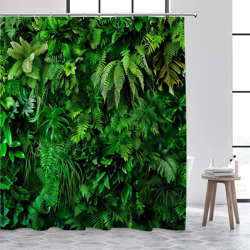 Green Leaves Shower Curtains Tropical Leaf Garden Vine Plant Wall Hanging Fabric Home Bathroom Decor Bath Curtain Set with Hooks