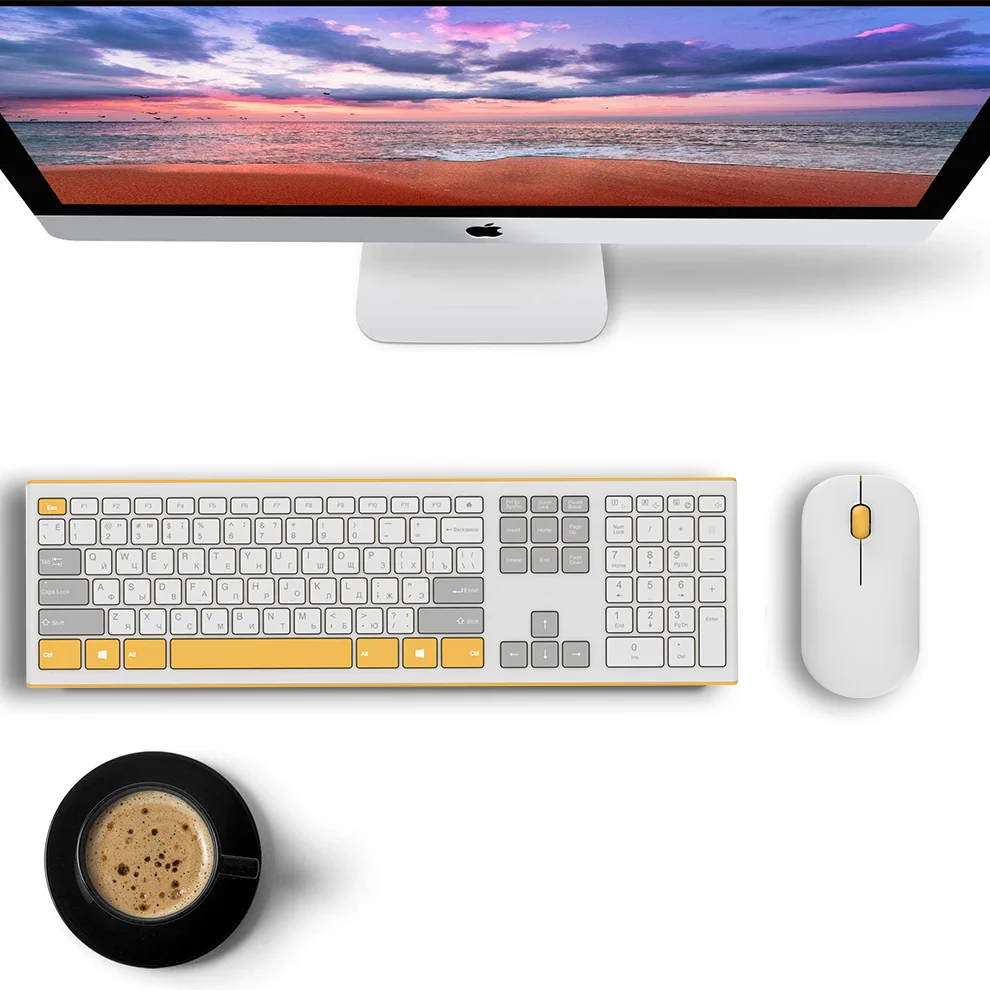 BOW-Conjunto de Teclado e Mouse sem Fio para Computador e Laptop, Tamanho Completo, Russo ou Inglês, Teclado e Mouse, Clique Slient, Escritório