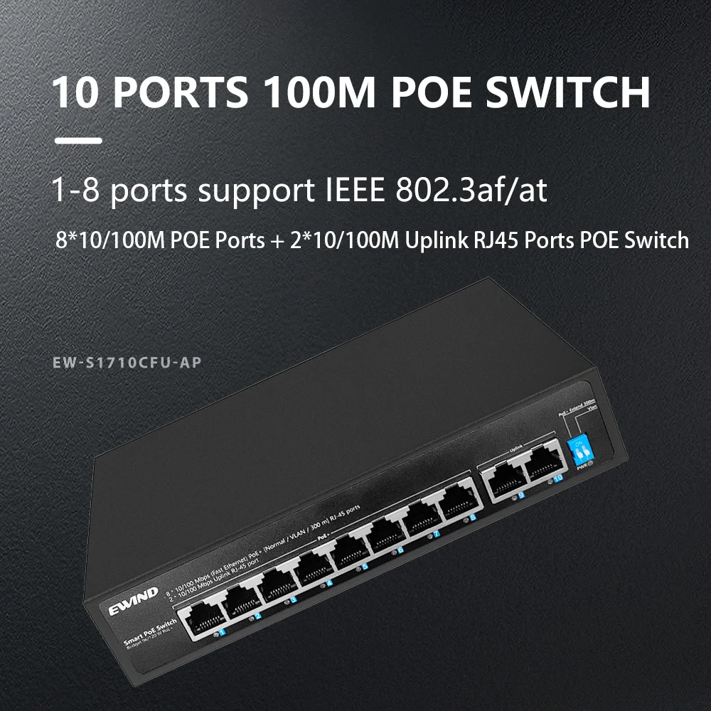 

POE Switch 6/10 Ports 10/100M Ethernet Switch with 2 10/100M RJ45 Ports Network Switch for IP Camera/Wireless AP AI Smart Switch