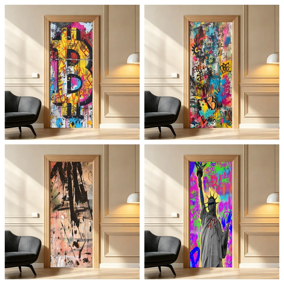 Colorful Pop Graffiti Door Wrap Sticker Full Door Wrap Wallpaper Customize Home Decoration Door Poster Ornamental Stickers