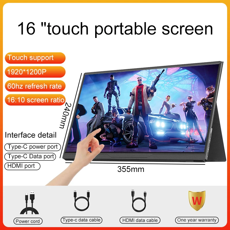 

16 Inch Touch Screen Portable Monitor 1920*1200 Gaming Computer Expand Display For XBox PS4/ 5 Switch Loptop PC Cell Phone
