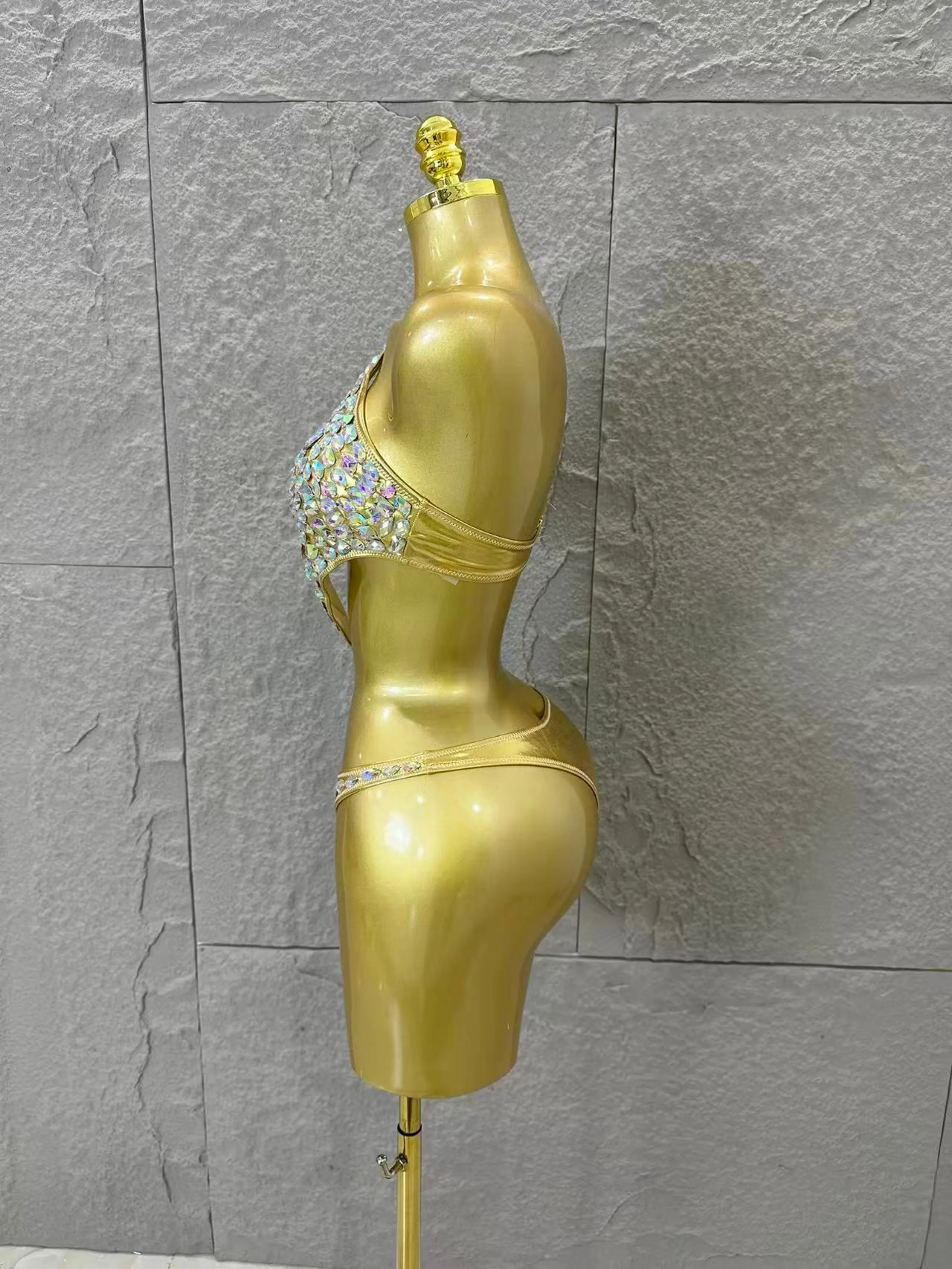 Gold Luxurious Black Bodysuit Women Sexy Halter Neck Iridescent Crystal Embellished Cutout Outfit Stage Performance Costume view 4
