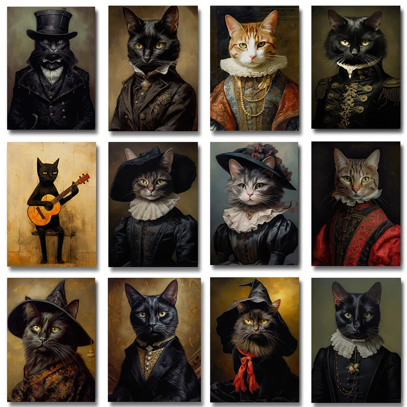 Renaissance Cat Portrait Black Cat Victorian Gothic Poster Canvas Painting Wall Art for Living Room Home Decor Cuadros