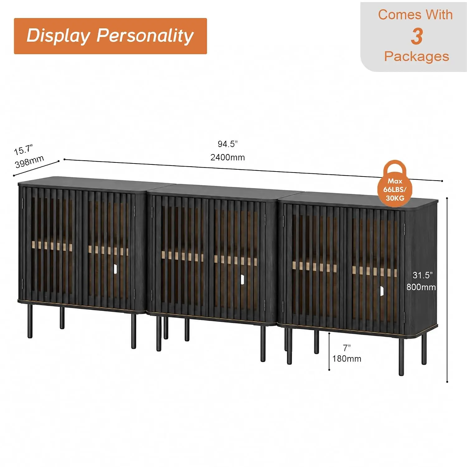 Black Kitchen Sideboard Buffet Cabinet with Storage, 94.5