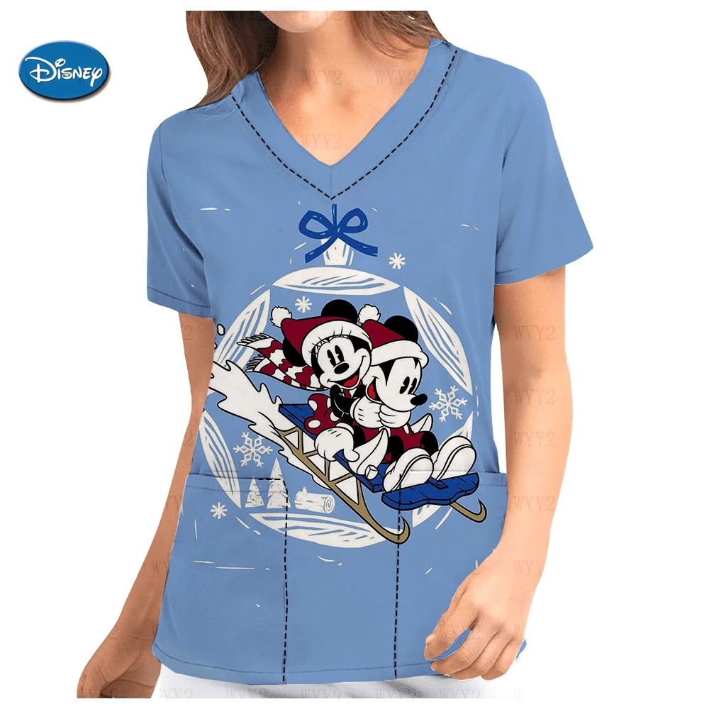 Sommer Damen V-Ausschnitt Scrub Kurzarm Krankenschwesteruniform Weihnachten Disney Mickey Minnie Print Doctor bequeme Arbeitskleidung