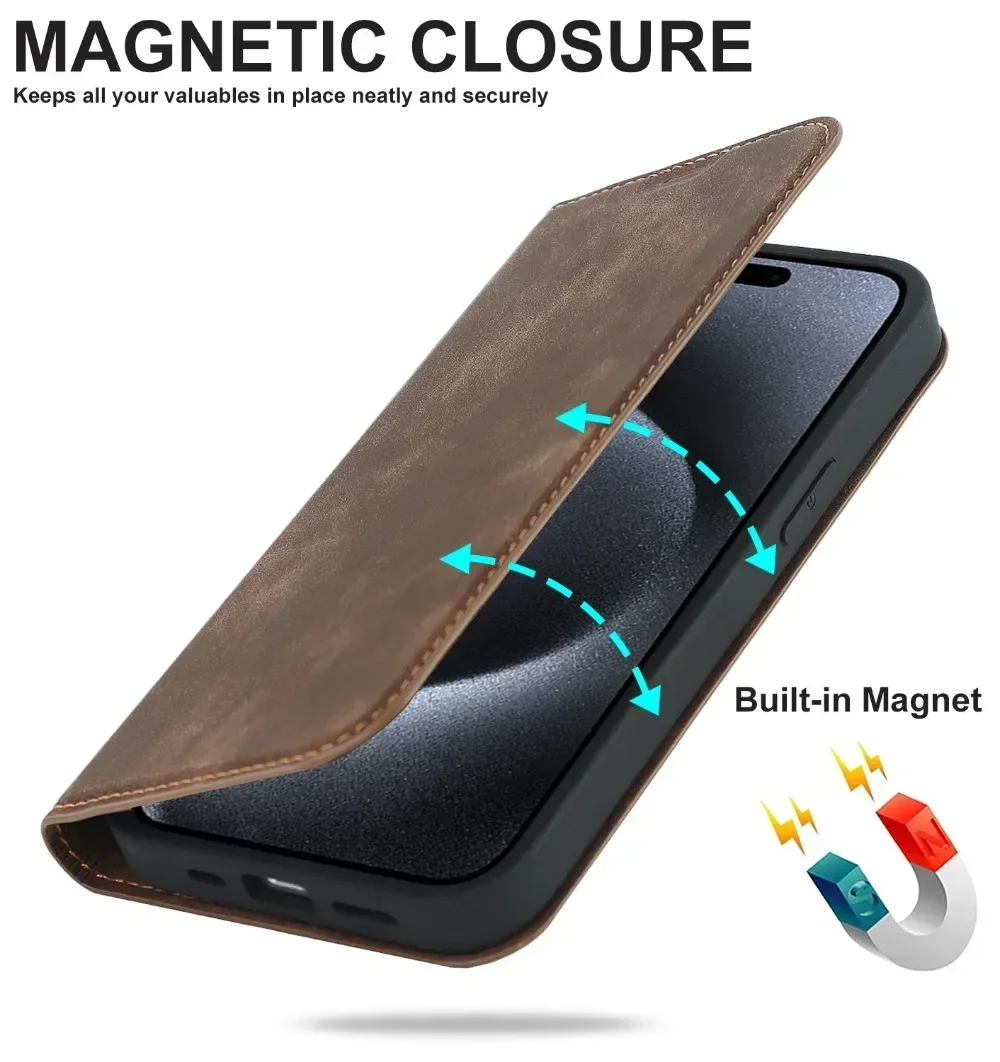 Leather Magnetic Flip Case for iPhone 16 15 14 13 12 Pro Max Plus Mini Cover Vintage Wallet Card Pocket Stand Shell for Magsafe